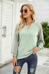 Waffle-Knit Spliced Lace Notched Top Light Green Blouses - Tophatter Daily Deals