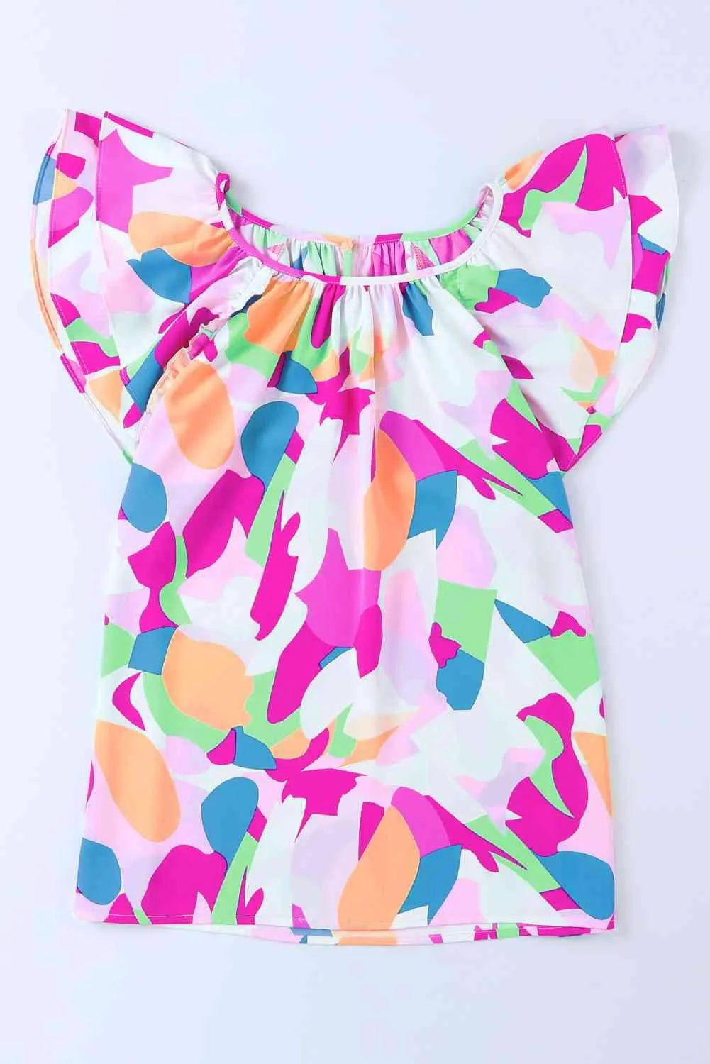 Multicolored Flutter Sleeve Round Neck Blouse Blouses - Tophatter Daily Deals