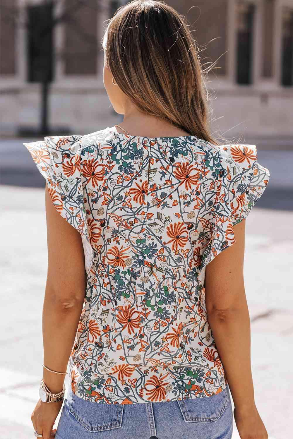 Printed Butterfly Sleeve Round Neck Blouse Blouses - Tophatter Daily Deals