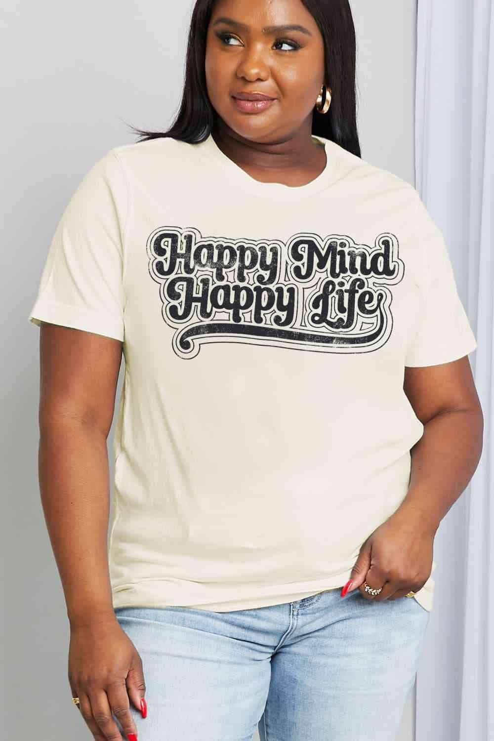 Simply Love Full Size HAPPY MIND HAPPY LIFE Graphic Cotton Tee Ivory Women's T-Shirts - Tophatter Daily Deals