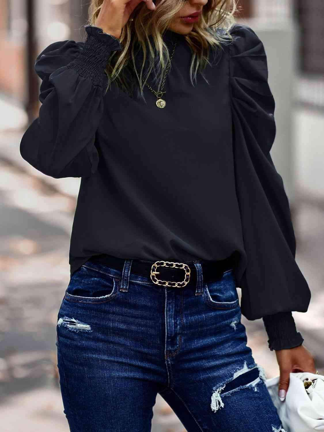 Tie-Back Puff Sleeve Mock Neck Blouse Blouses - Tophatter Daily Deals