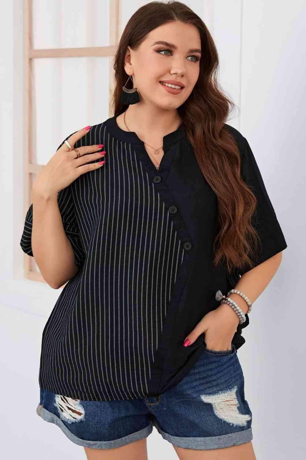 Plus Size Striped Notched Neck Half Sleeve Top Blouses - Tophatter Daily Deals