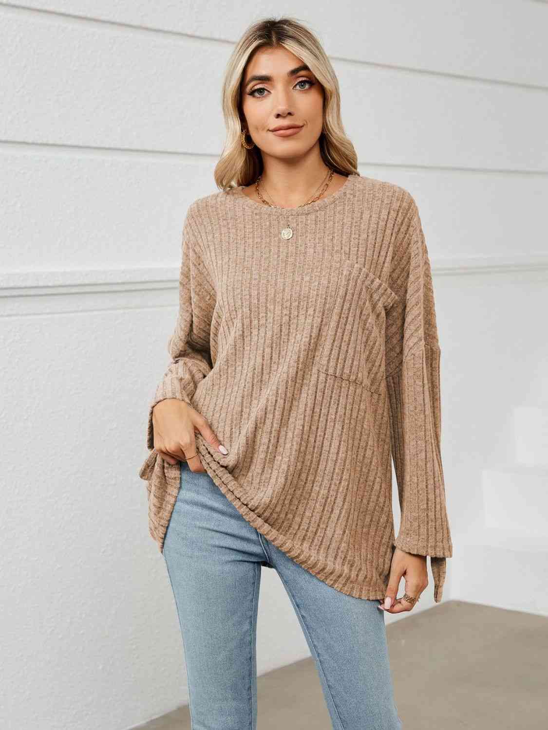 Round Neck Ribbed Long Sleeve T-Shirt Camel Women's T-Shirts - Tophatter Daily Deals