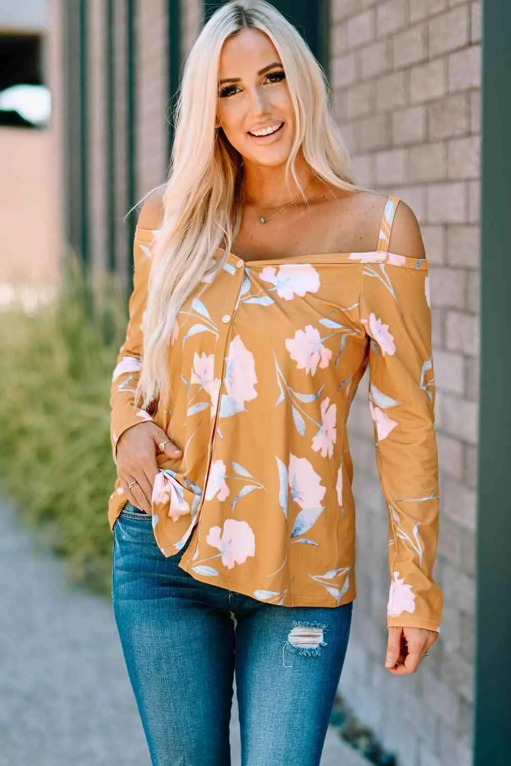Floral Cold-Shoulder Long Sleeve Top Blouses - Tophatter Daily Deals