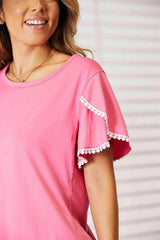 Double Take Pom-Pom Trim Flutter Sleeve Round Neck T-Shirt Women's T-Shirts - Tophatter Daily Deals