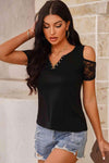 Notched Neck Cold-Shoulder Spliced Lace Top Black Blouses - Tophatter Daily Deals