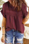 Swiss Dot Decorative Button Short Sleeve Blouse Wine Blouses - Tophatter Daily Deals