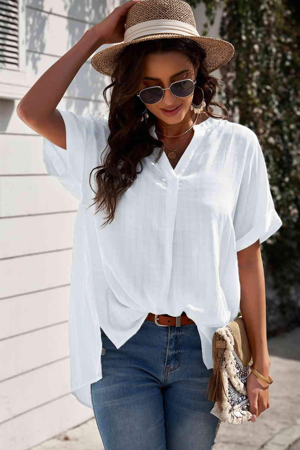 Notched Side Slit Cuffed Blouse Blouses - Tophatter Daily Deals