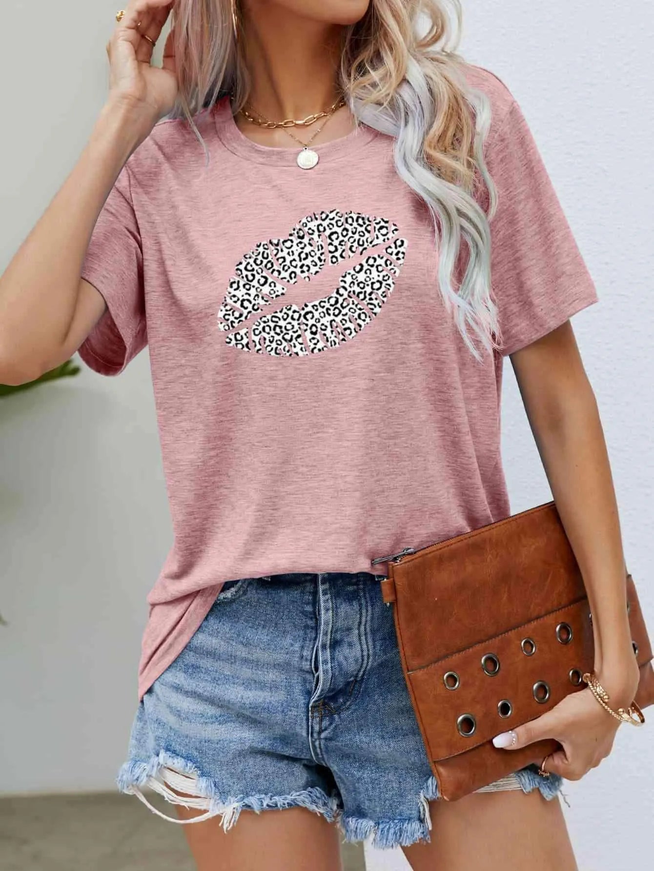 Leopard Lip Graphic Round Neck Tee Women's T-Shirts - Tophatter Daily Deals