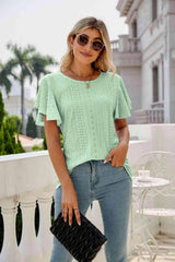 Eyelet Flutter Sleeve Round Neck Top Light Green Blouses - Tophatter Daily Deals