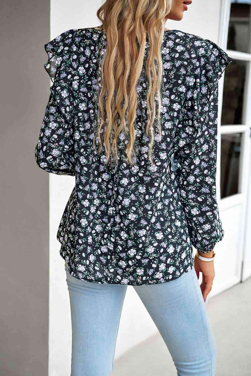 Printed Round Neck Long Sleeve Blouse Blouses - Tophatter Daily Deals