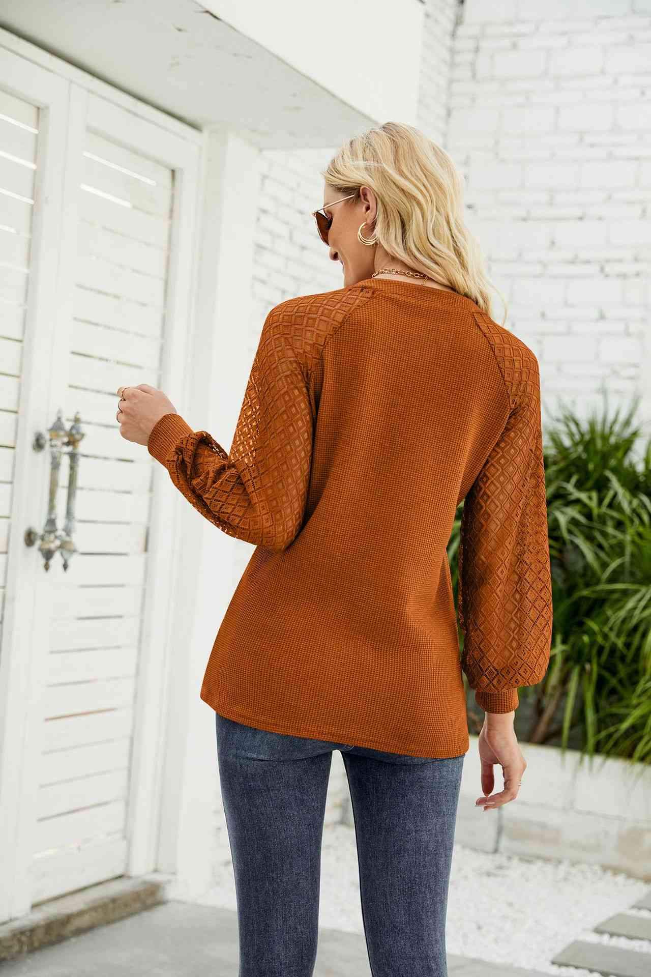 Waffle-Knit Spliced Lace Notched Top Blouses - Tophatter Daily Deals