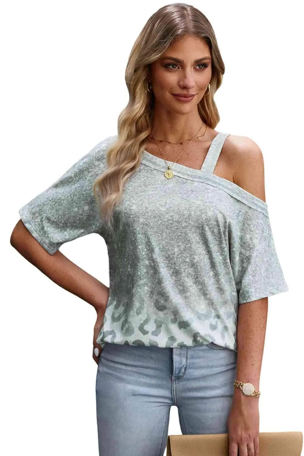 Leopard Asymmetrical Neck Cold-Shoulder Blouse Blouses - Tophatter Daily Deals