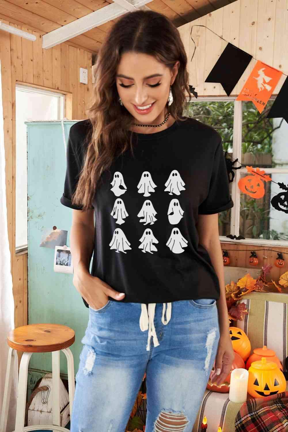 Round Neck Short Sleeve Ghost Graphic T-Shirt Black Women's T-Shirts - Tophatter Daily Deals