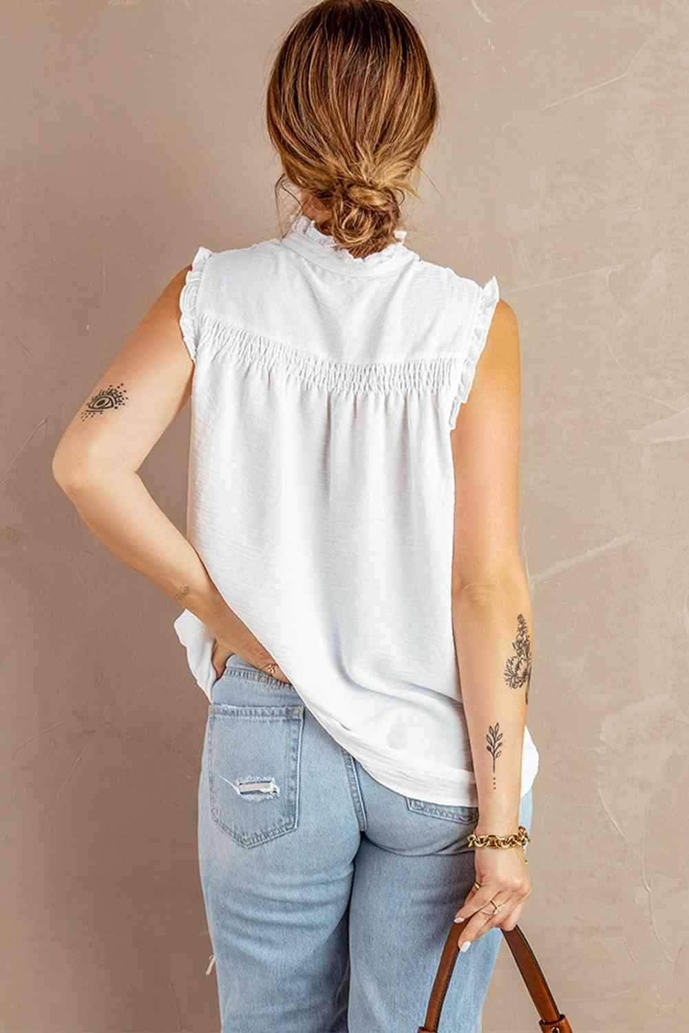 Buttoned Frill Trim Smocked Sleeveless Blouse Blouses - Tophatter Daily Deals