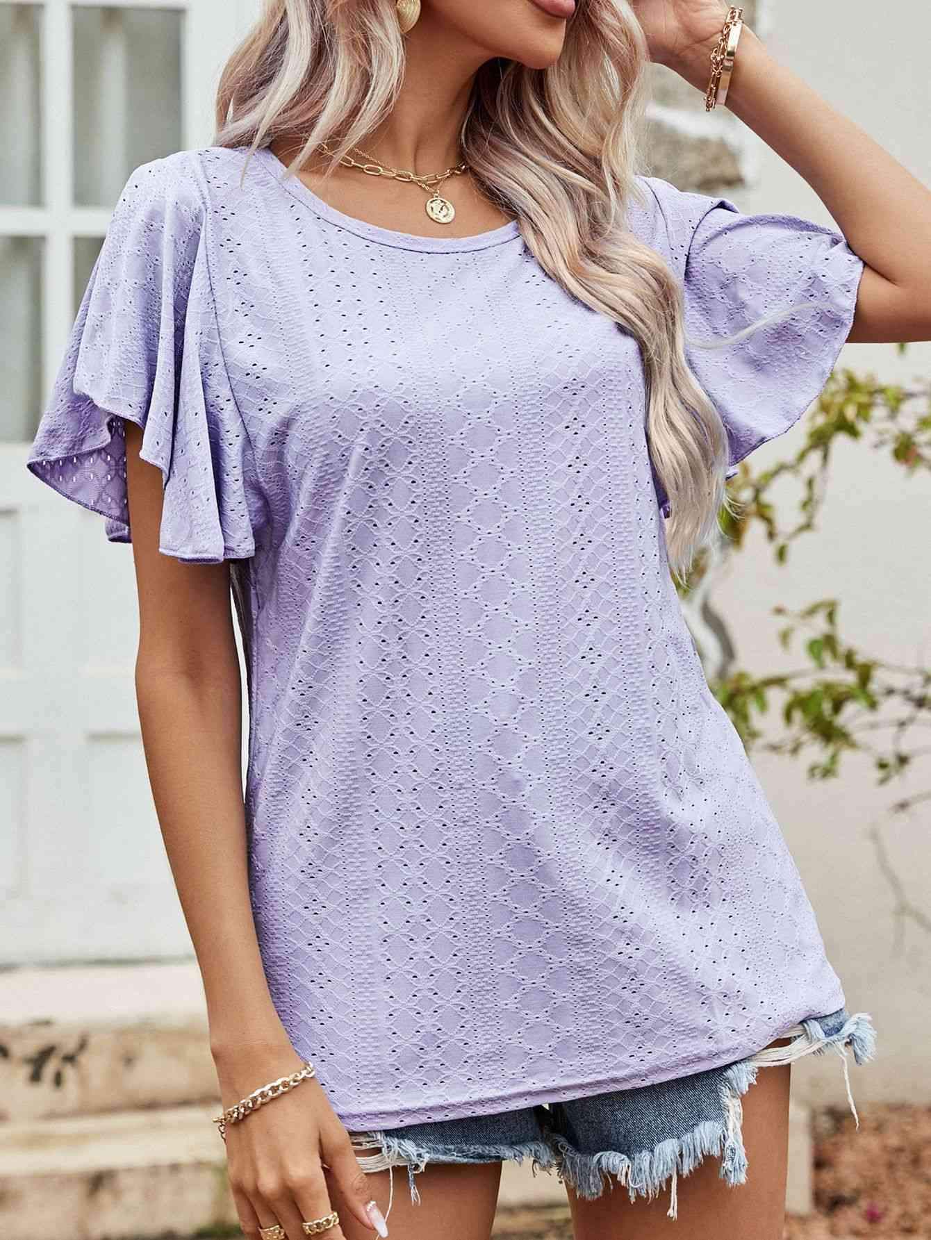 Round Neck Flutter Sleeve Blouse Blouses - Tophatter Daily Deals