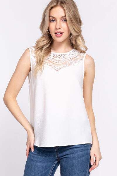 ACTIVE BASIC Round Neck Lace Patch Texture Tank White Blouses - Tophatter Daily Deals