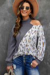 Leopard Color Block Cold Shoulder Turtleneck Top Blouses - Tophatter Daily Deals