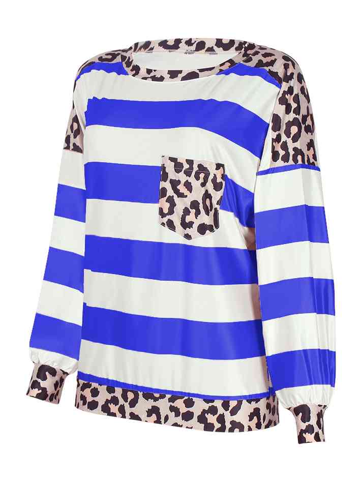 Striped Leopard Long Sleeves Top Royal Blue Women's T-Shirts - Tophatter Daily Deals