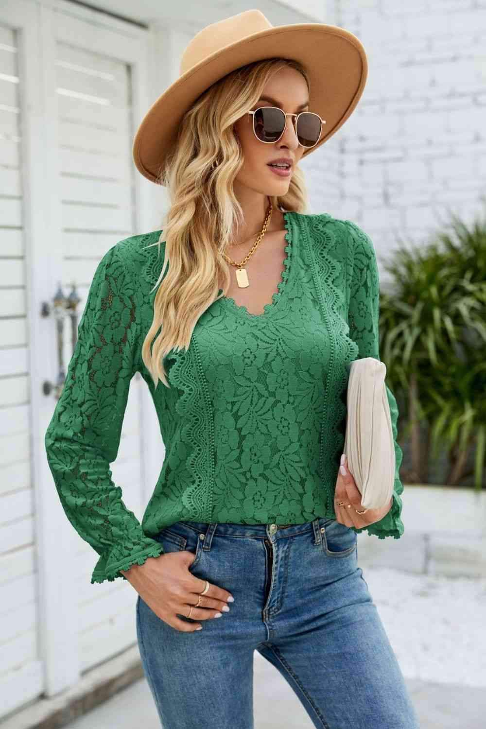 V-Neck Flounce Sleeve Lace Top Mid Green Women's T-Shirts - Tophatter Daily Deals