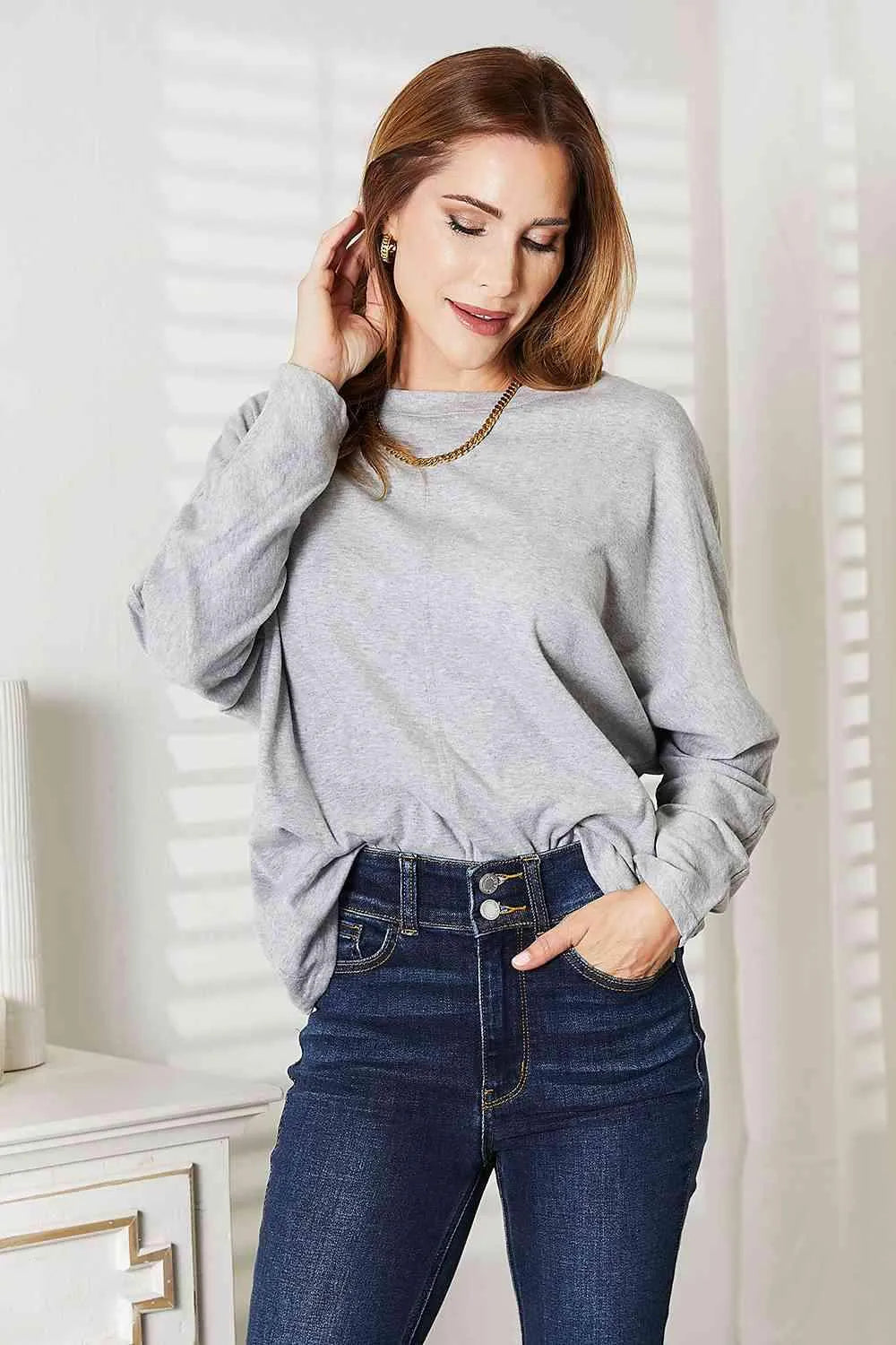 Double Take Seam Detail Round Neck Long Sleeve Top Women's T-Shirts - Tophatter Daily Deals