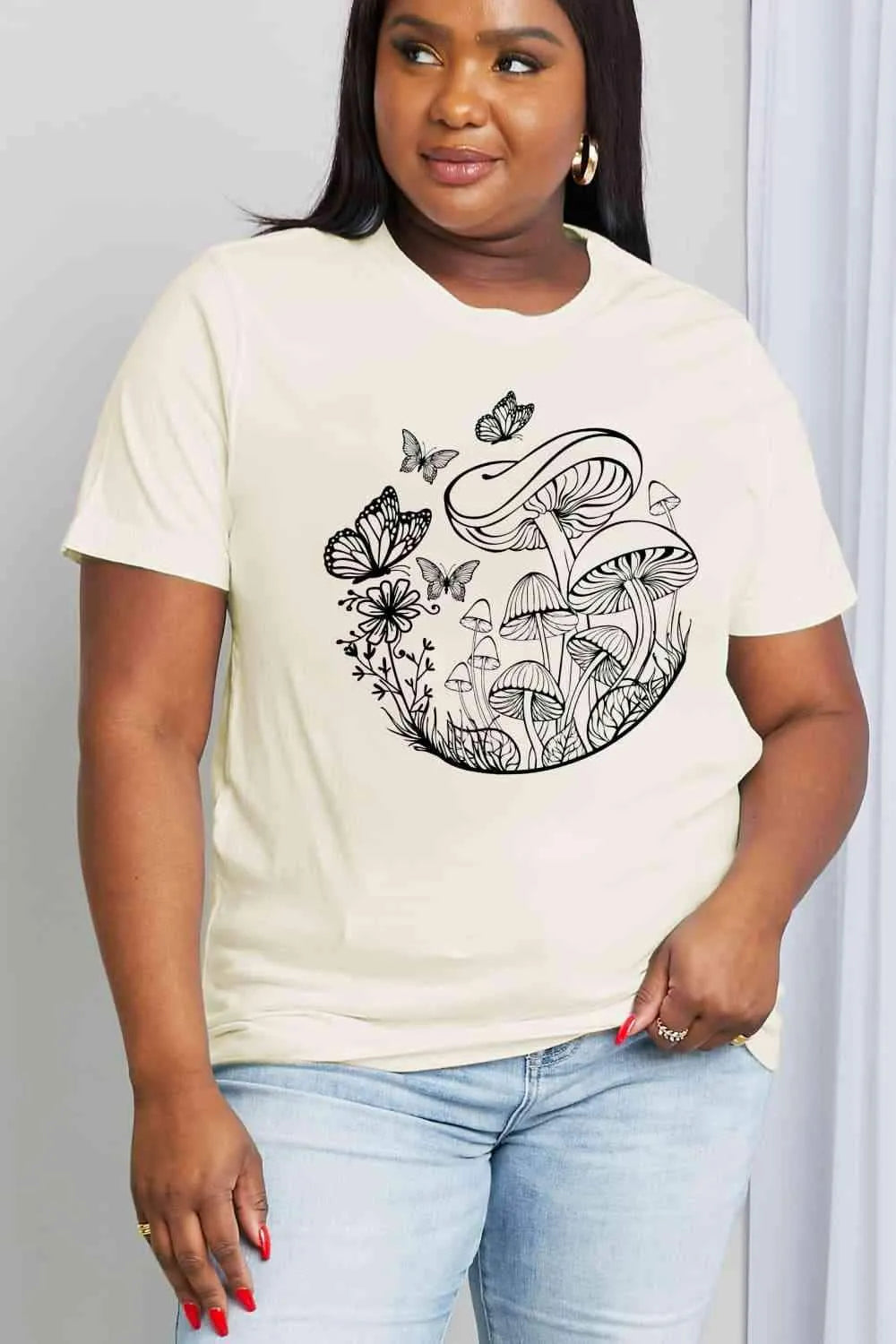 Simply Love Full Size Butterfly & Mushroom Graphic Cotton Tee Women's T-Shirts - Tophatter Daily Deals
