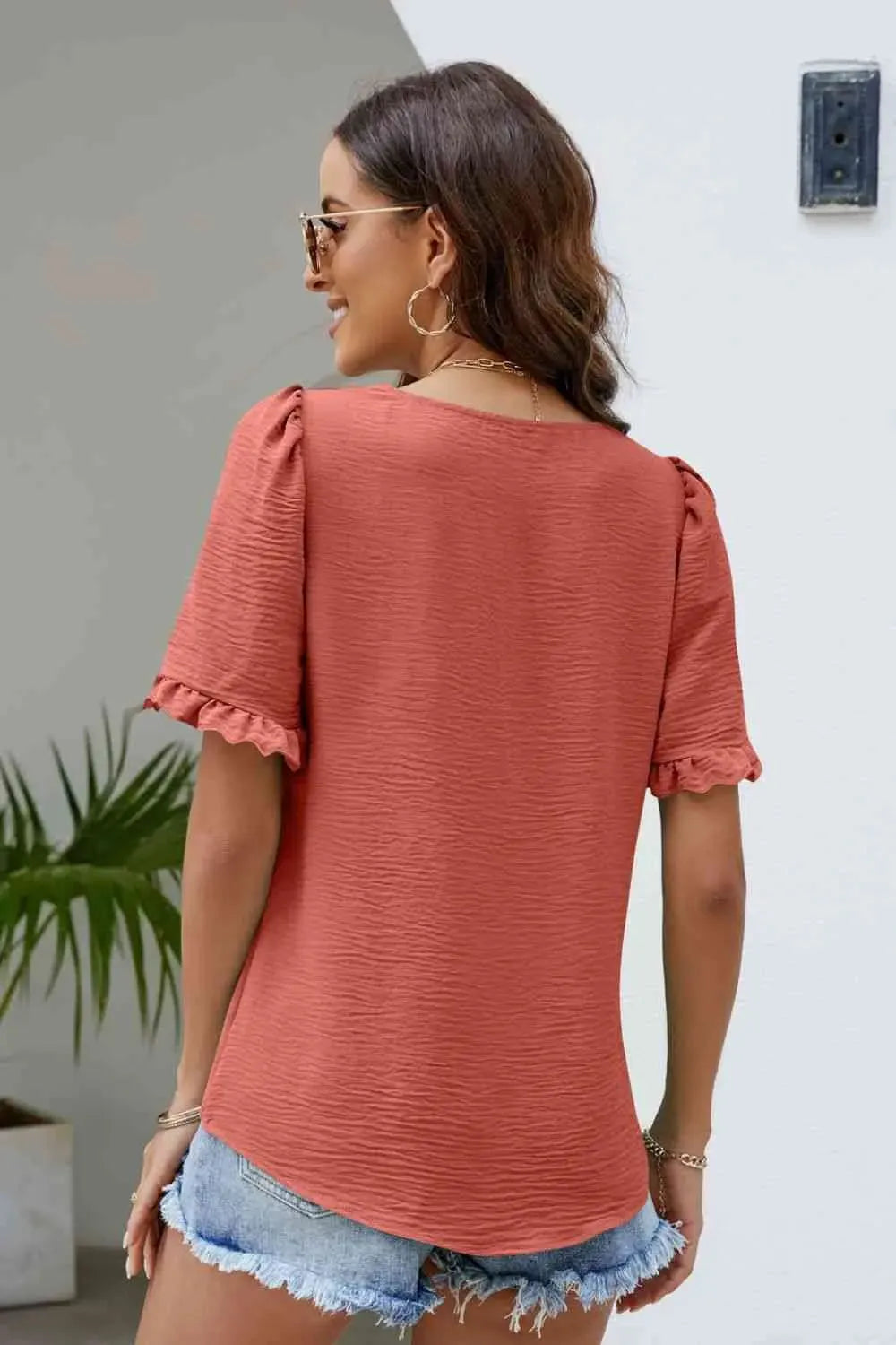 Frill Trim Puff Sleeve Square Neck Blouse Blouses - Tophatter Daily Deals