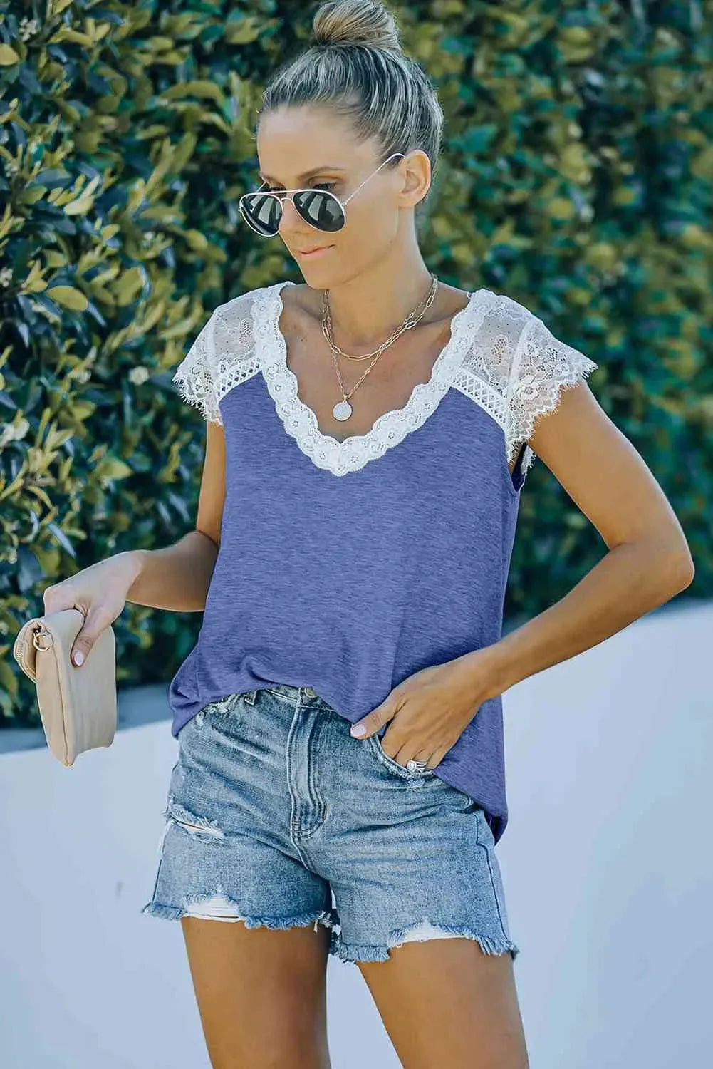 Scalloped Spliced Lace V-Neck Top Blouses - Tophatter Daily Deals