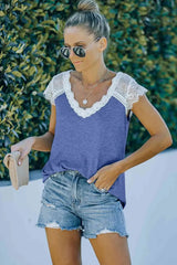 Scalloped Spliced Lace V-Neck Top Blouses - Tophatter Daily Deals