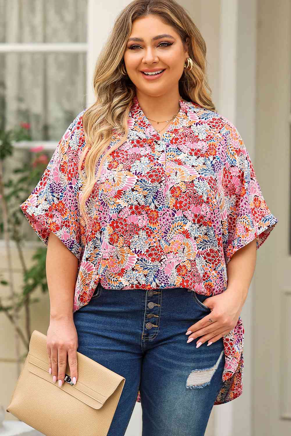 Plus Size Printed Notched Neck Half Sleeve Top Multicolor Women's T-Shirts - Tophatter Daily Deals