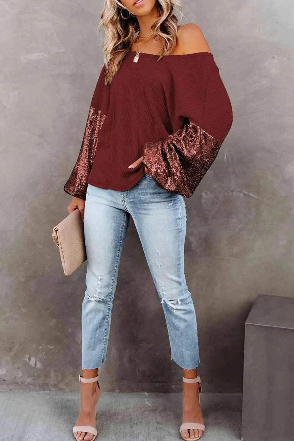 Sequin Waffle-Knit Blouse Blouses - Tophatter Daily Deals