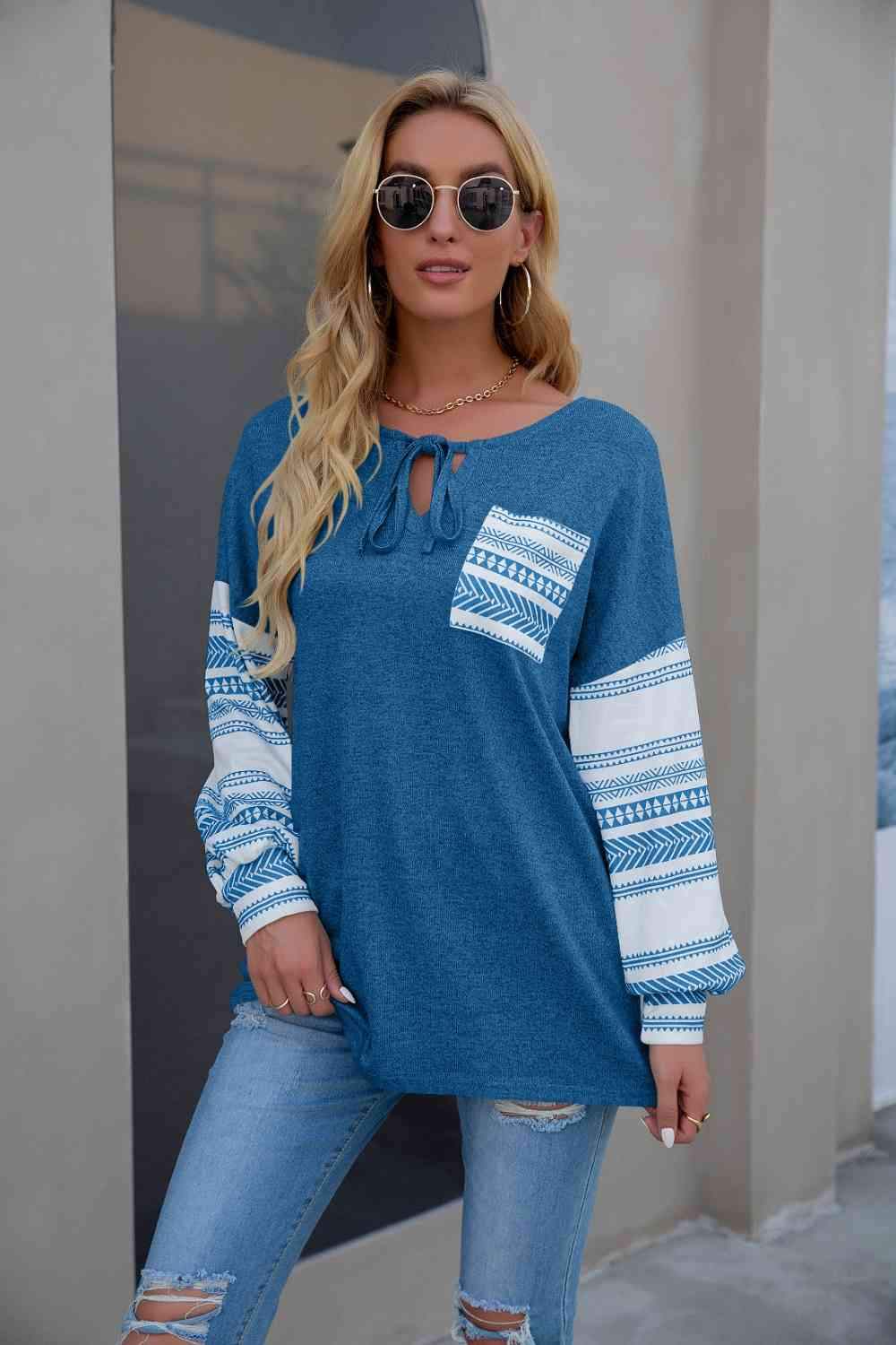 Tie Neck Lantern Sleeve Top Cobalt Blue Blouses - Tophatter Daily Deals