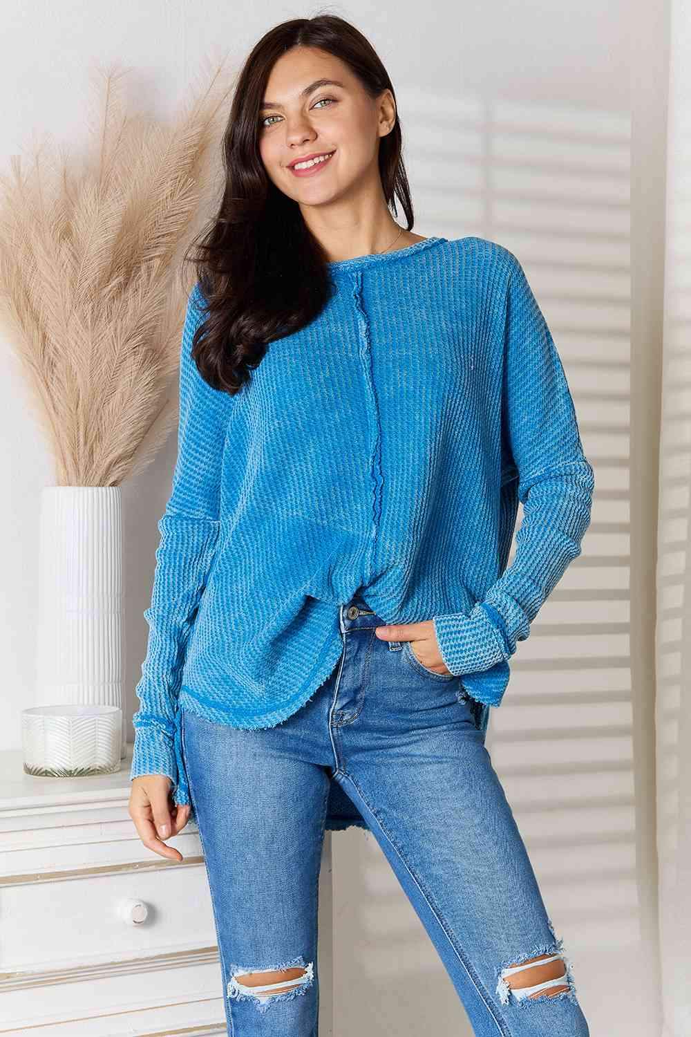 Zenana Center Seam Waffle-Knit Top Sky Blue Blouses - Tophatter Daily Deals