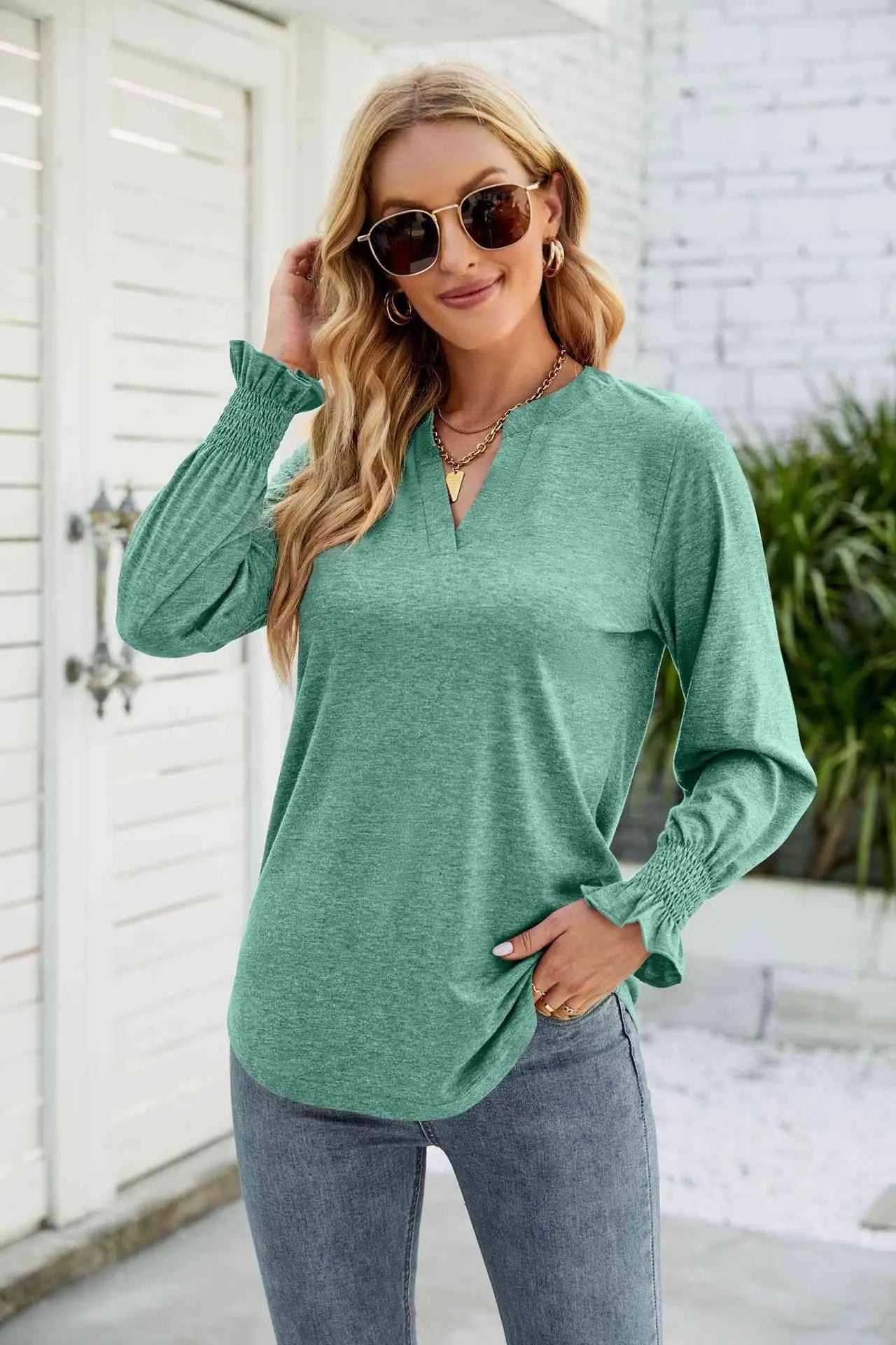 Heathered Flounce Sleeve Curved Hem Top Green Blouses - Tophatter Daily Deals