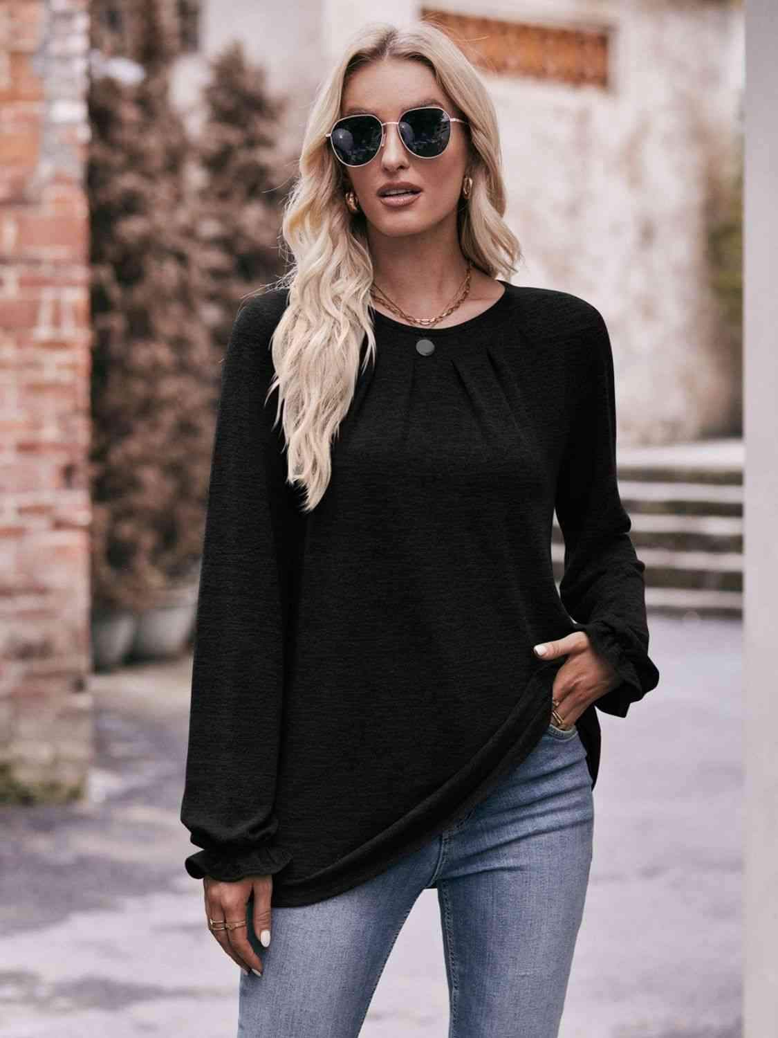 Double Take Long Flounce Sleeve Round Neck Blouse Black Blouses - Tophatter Daily Deals