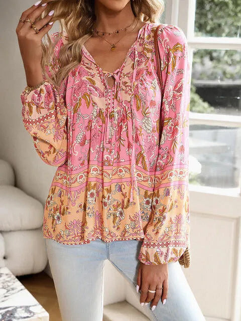 Floral Tie Neck Puff Sleeve Blouse Peach Blouses - Tophatter Daily Deals