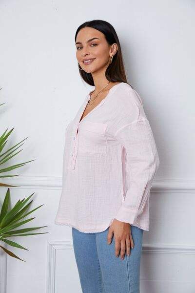 Texture Half Button Raw Hem Top Blouses - Tophatter Daily Deals