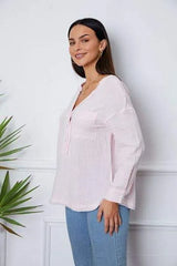 Texture Half Button Raw Hem Top Blouses - Tophatter Daily Deals