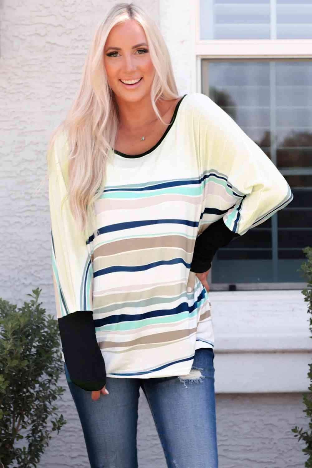 Striped Round Neck Long Sleeve Top Women's T-Shirts - Tophatter Daily Deals