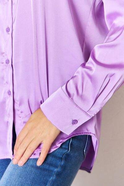 Zenana Satin Button Down Long Sleeve Shirt Blouses - Tophatter Daily Deals