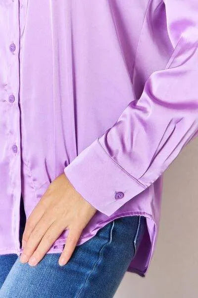 Zenana Satin Button Down Long Sleeve Shirt Blouses - Tophatter Daily Deals