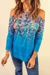 Floral Cold-Shoulder Long Sleeve Round Neck Top Sky Blue 2XL Blouses - Tophatter Daily Deals