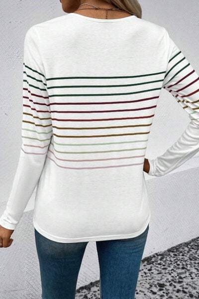 Striped Round Neck Long Sleeve T-Shirt Women's T-Shirts - Tophatter Daily Deals