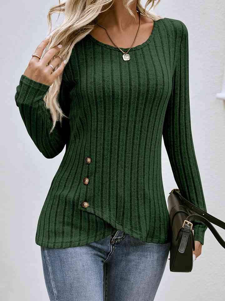 Buttoned Tulip Hem Long Sleeve T-Shirt Women's T-Shirts - Tophatter Daily Deals