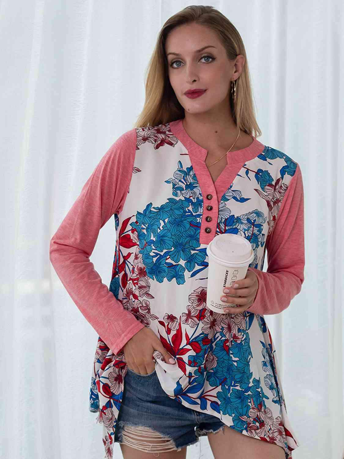 Full Size Floral Buttoned Notched Neck Top Blush Pink Blouses - Tophatter Daily Deals