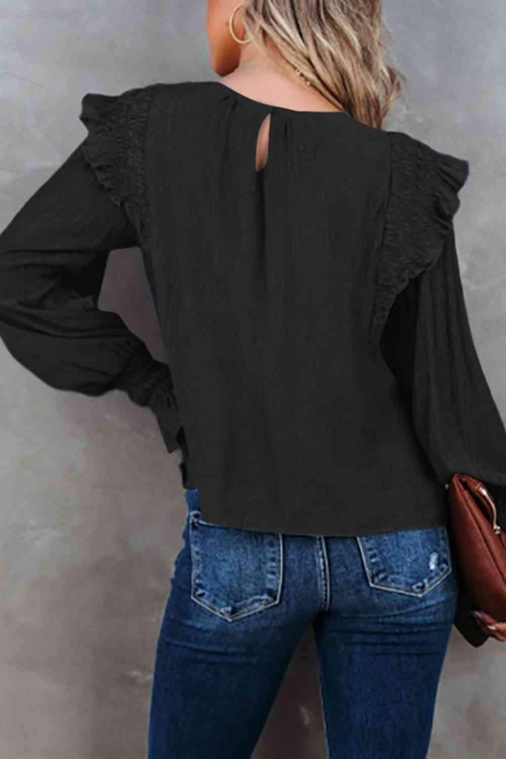 Smocked Flounce Sleeve Blouse Blouses - Tophatter Daily Deals