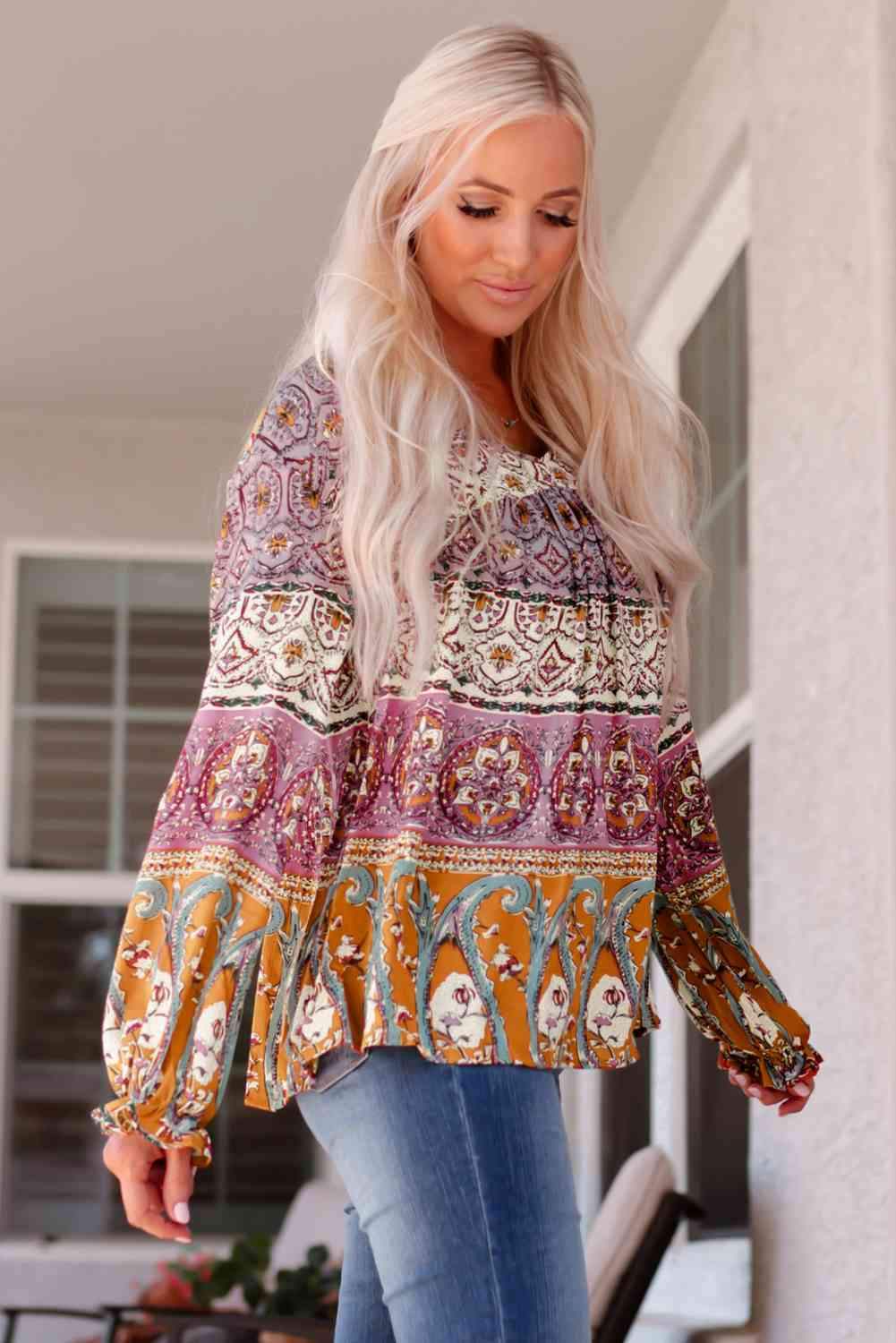 Bohemian Long Flounce Sleeve V-Neck Blouse Blouses - Tophatter Daily Deals