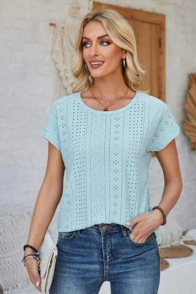 Eyelet Round Neck Rolled Short Sleeve T-Shirt Women's T-Shirts - Tophatter Daily Deals