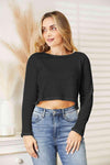 Full Size Long Sleeve Cropped Top Black Blouses - Tophatter Daily Deals