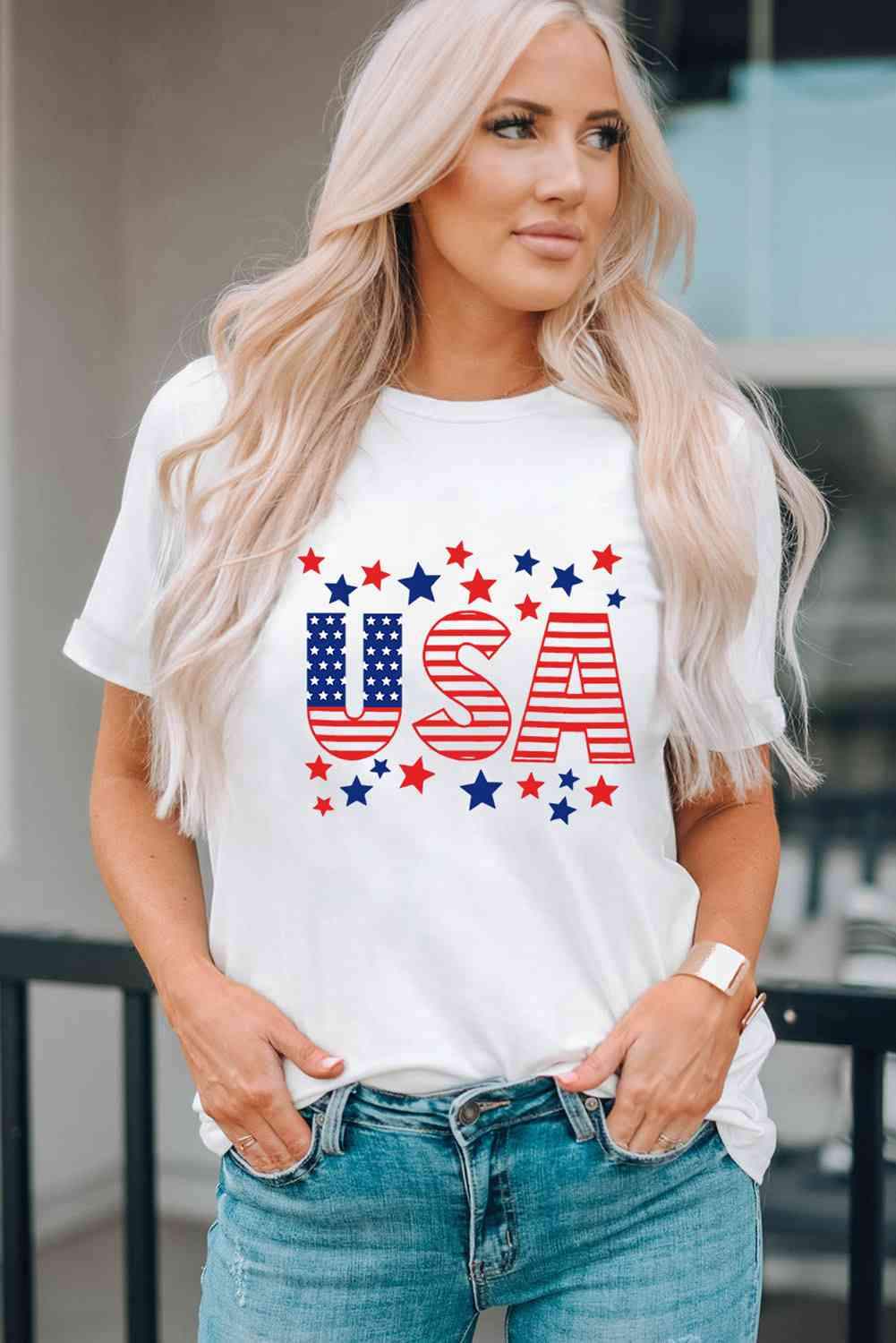 USA Star and Stripe Graphic Tee White Women's T-Shirts - Tophatter Daily Deals